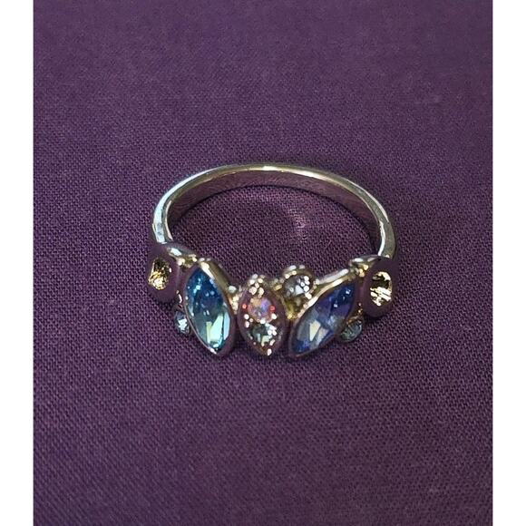 Silver Plated Ring Shades Of Blue And Aurora Borealis Crystals Size 5.5 - Picture 7 of 8